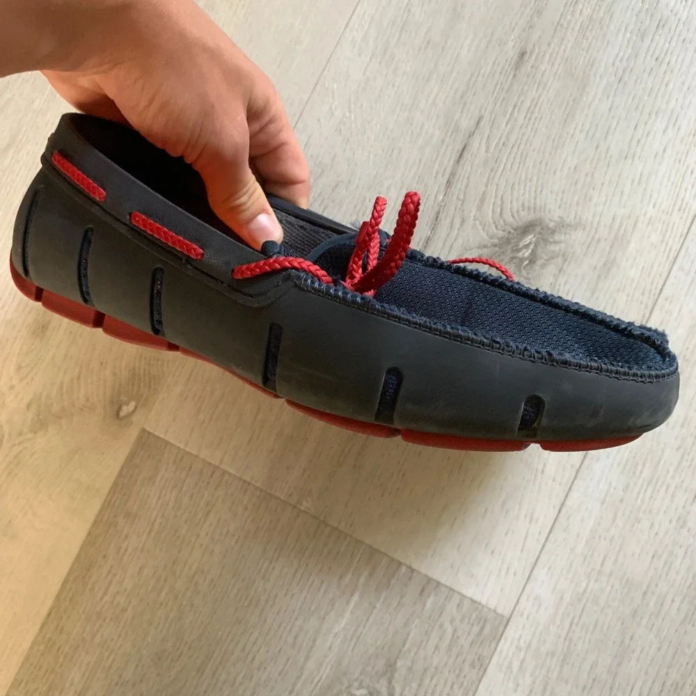 Swims Mens Braided Lace Loafer Navy Blue Red Rubber Mesh Boat Shoes Size 9